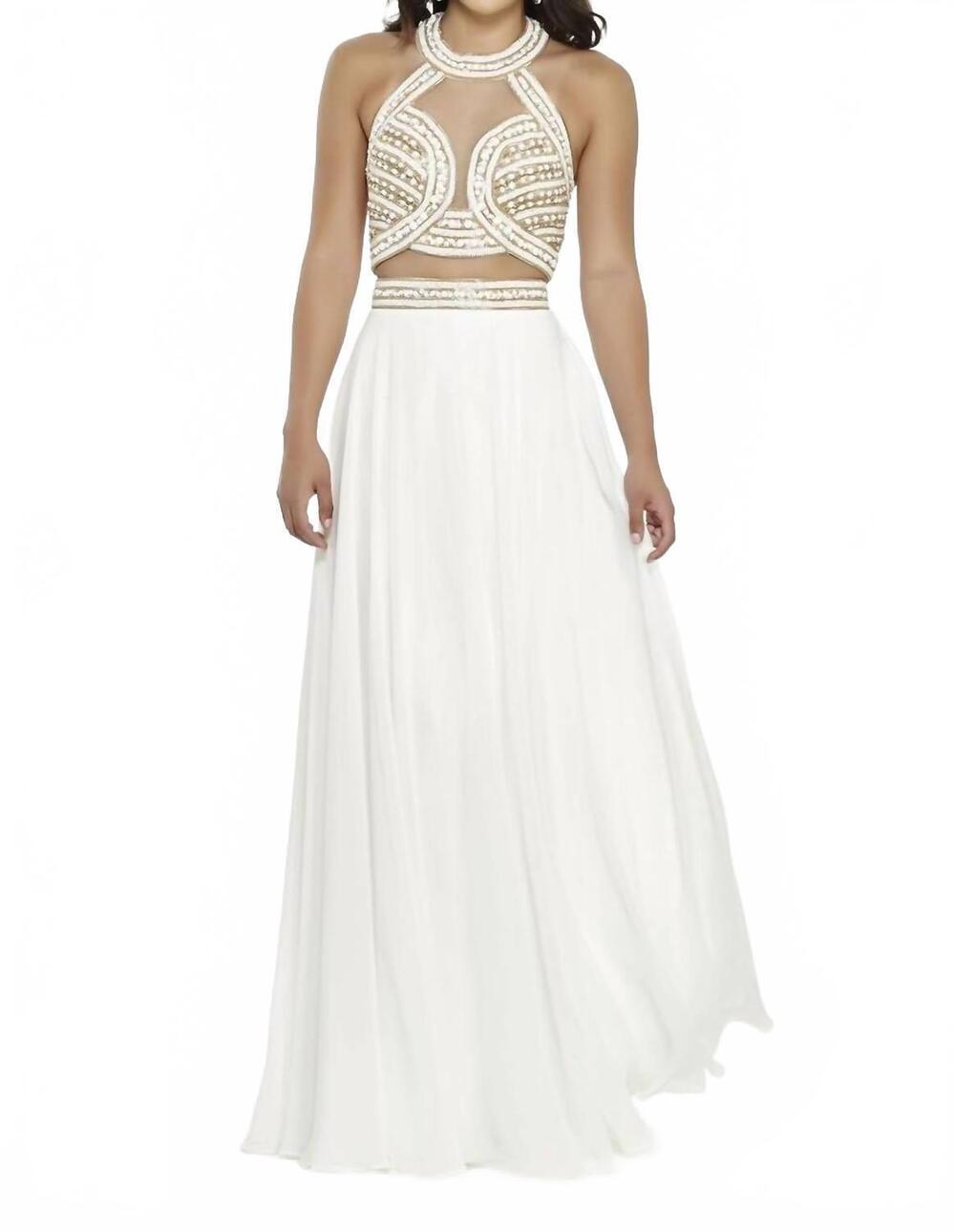 NEW JOSH & JAZZ jeweled chiffon halter prom dress in ivory/gold